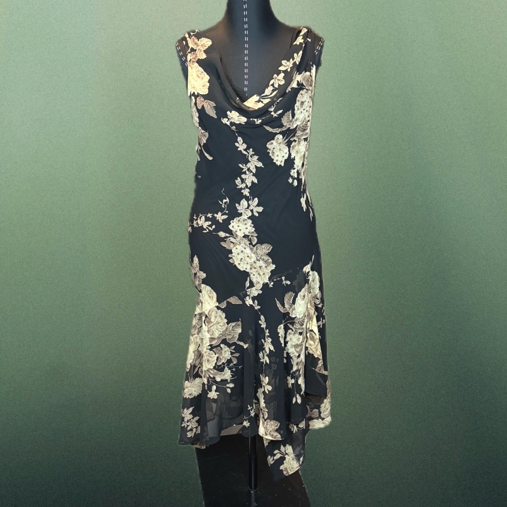 Connected Black Floral Y2K Beaded Cowl Neck Midi Dress Women's Size M